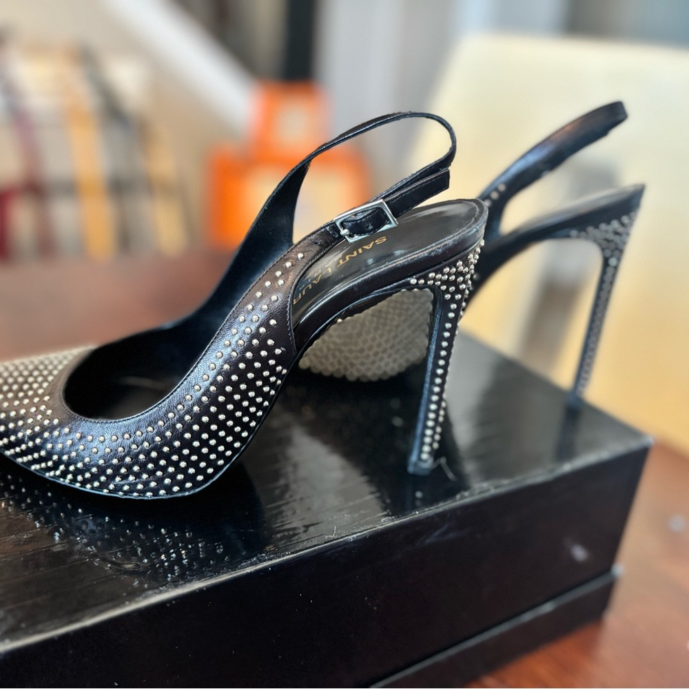 Elegant Saint Laurent Black Studded Slingback Heels - Picture 5 of 7